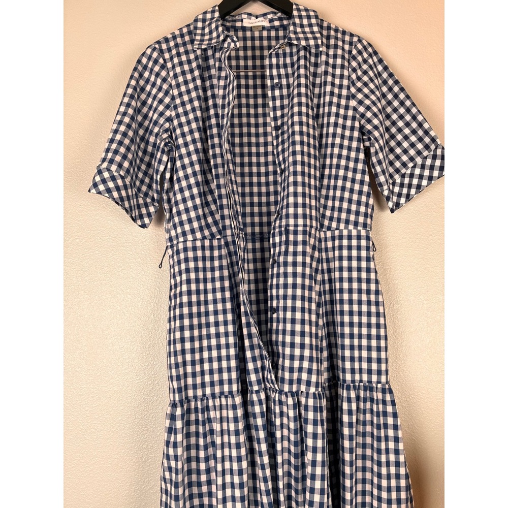 Calvin Klein Shirt Dress Midi Navy Gingham Tiered Short Sleeve Size 6 Picnic - Picture 4 of 12